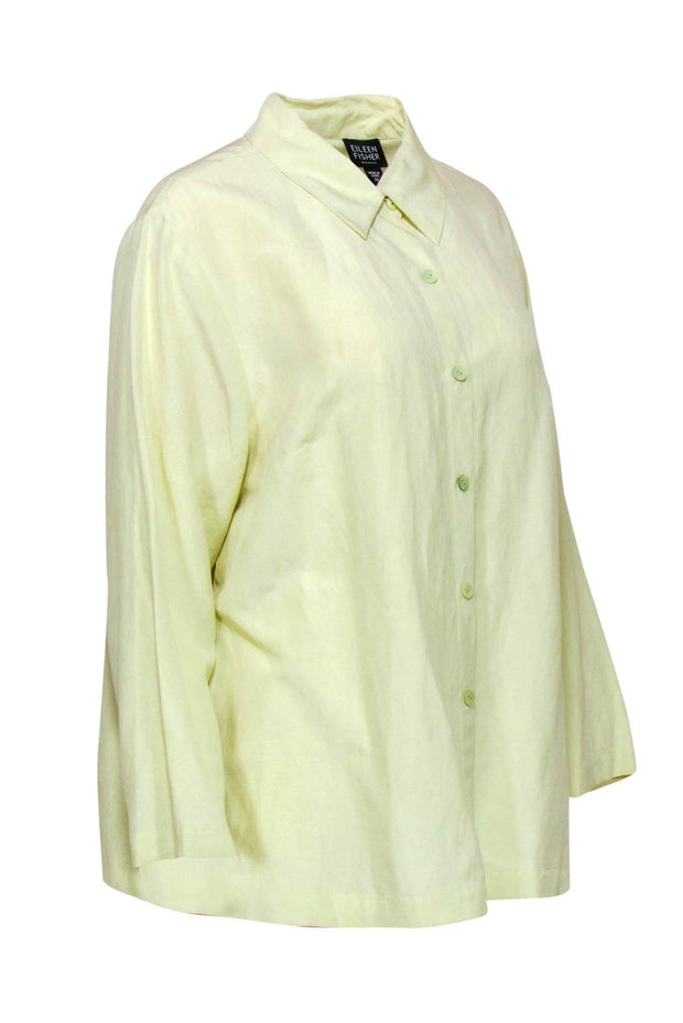 Current Boutique-Eileen Fisher - Light Green Linen Blend Button-Up Blouse Sz 1X
