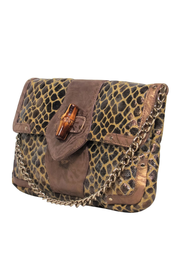 Current Boutique-Elaine Turner - Bronze & Tan Giraffe Print Shoulder Bag w/ Bamboo Clasp