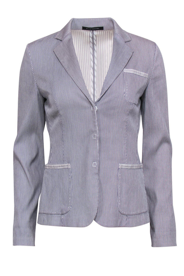 Current Boutique-Elie Tahari - Blue & White Pinstriped Snap-Up Blazer Sz 4