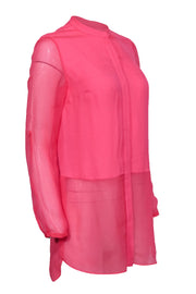 Current Boutique-Elie Tahari - Hot Pink Button-Up Silk Blouse w/ Sheer Hem & Sleeves Sz XS