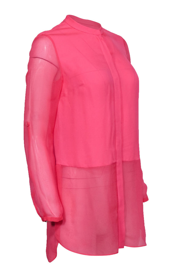 Current Boutique-Elie Tahari - Hot Pink Button-Up Silk Blouse w/ Sheer Hem & Sleeves Sz XS