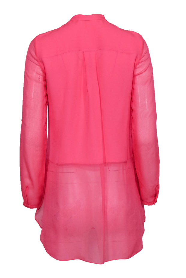 Current Boutique-Elie Tahari - Hot Pink Button-Up Silk Blouse w/ Sheer Hem & Sleeves Sz XS