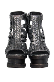 Current Boutique-Elizabeth & James - Metallic Silver Reptile Embossed Caged Platform Pumps Sz 6.5