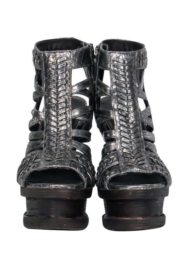 Current Boutique-Elizabeth & James - Metallic Silver Reptile Embossed Caged Platform Pumps Sz 6.5