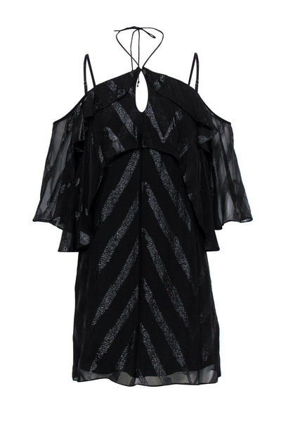 Current Boutique-Ella Moss - Black Cold-Shoulder Metallic Striped Ruffle Dress Sz S