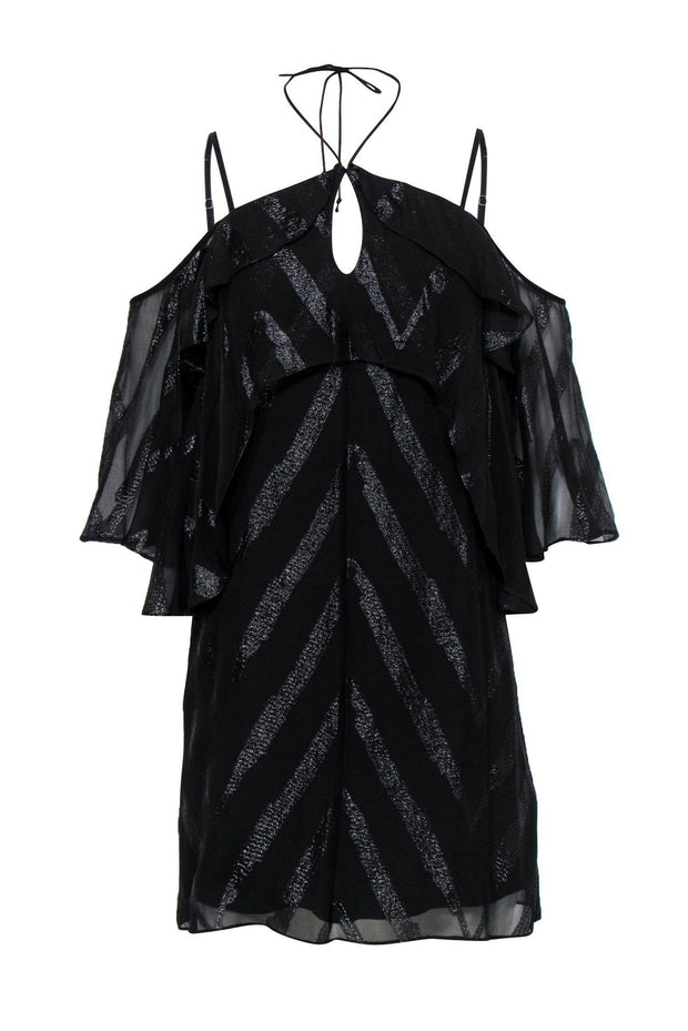 Current Boutique-Ella Moss - Black Cold-Shoulder Metallic Striped Ruffle Dress Sz S