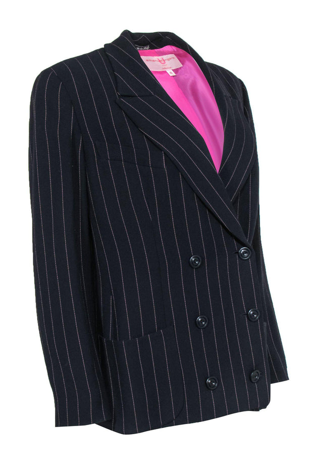 Current Boutique-Emanuel Ungaro - Black Double Breasted Blazer w/ Pink Pinstripes Sz 12