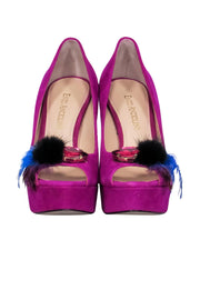 Current Boutique-Enzo Angiolini - Magenta Suede Peep Toe Platform Pumps w/ Feathers & Rhinestones Sz 5.5