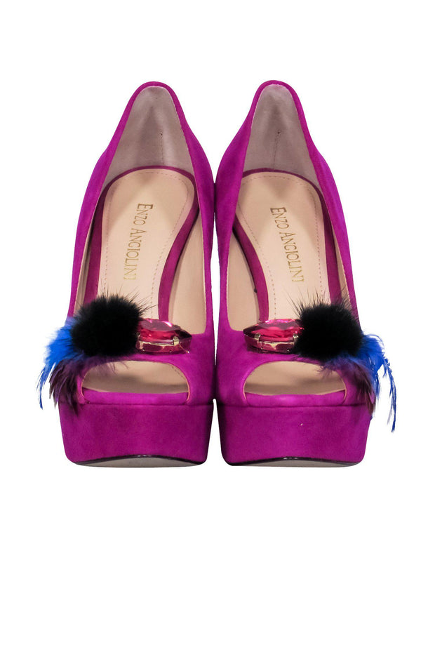 Current Boutique-Enzo Angiolini - Magenta Suede Peep Toe Platform Pumps w/ Feathers & Rhinestones Sz 5.5