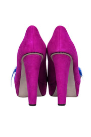 Current Boutique-Enzo Angiolini - Magenta Suede Peep Toe Platform Pumps w/ Feathers & Rhinestones Sz 5.5