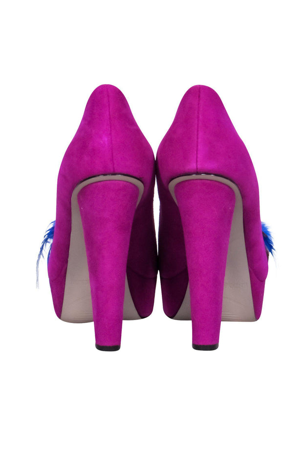 Current Boutique-Enzo Angiolini - Magenta Suede Peep Toe Platform Pumps w/ Feathers & Rhinestones Sz 5.5