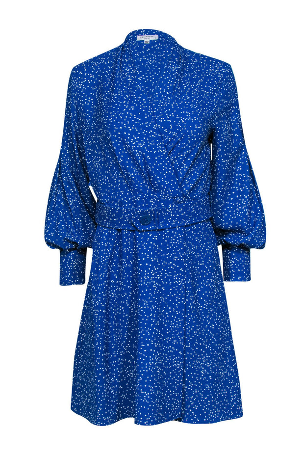 Current Boutique-Equipment - Blue & White Spotted Long Sleeve Belted Wrap Dress Sz 6