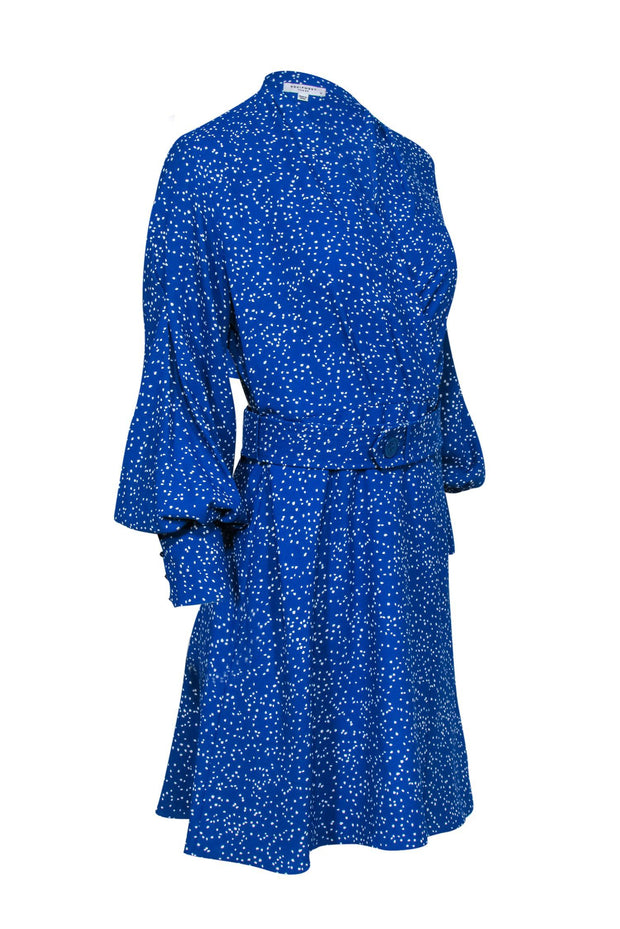 Current Boutique-Equipment - Blue & White Spotted Long Sleeve Belted Wrap Dress Sz 6