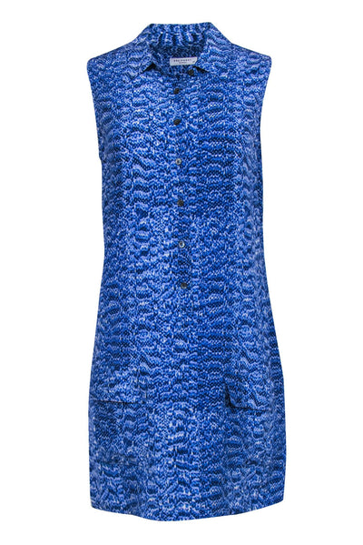 Current Boutique-Equipment - Blue & White Silk Patterned Collared Shift Dress Sz S