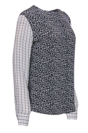 Current Boutique-Equipment - Black & White Floral & Plaid Silk Blouse Sz L
