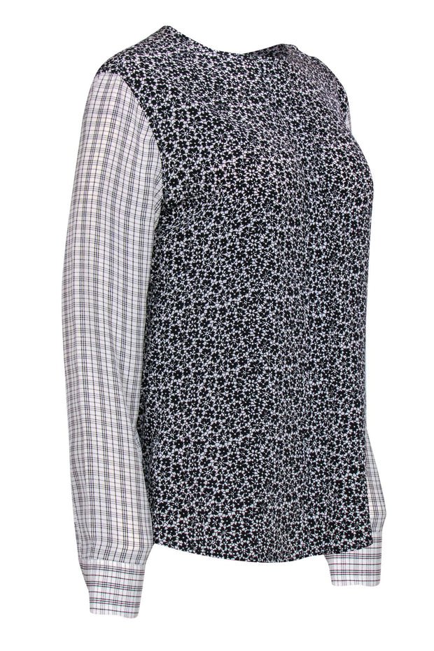 Current Boutique-Equipment - Black & White Floral & Plaid Silk Blouse Sz L