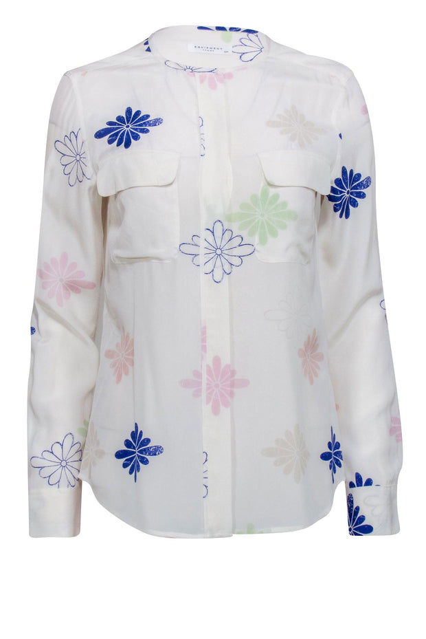Current Boutique-Equipment - Ivory & Multicolor Floral Long Sleeve Button Front Shirt Sz S