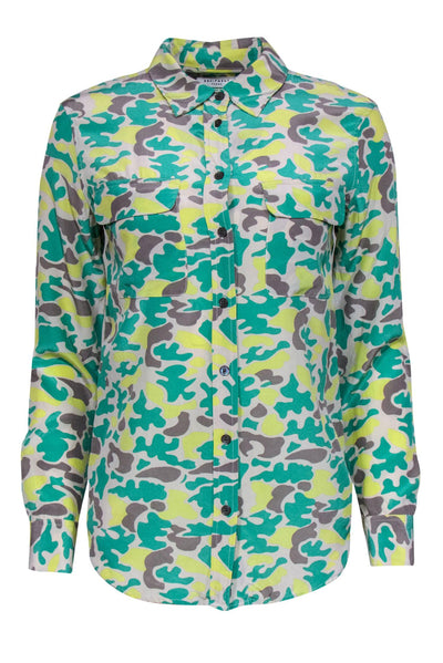 Current Boutique-Equipment - Green, Grey & Yellow Camouflage Print Silk Blouse Sz XS