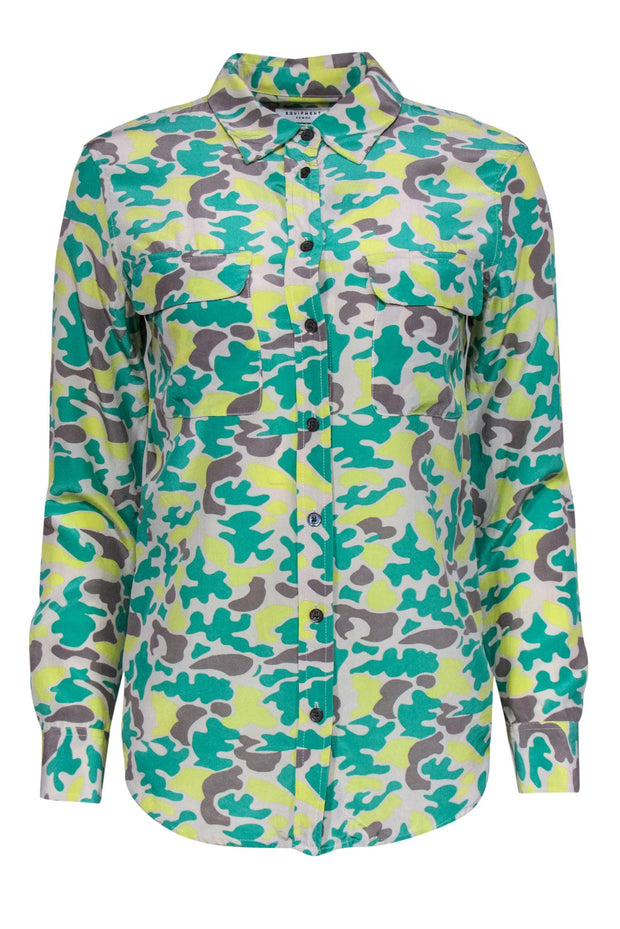Current Boutique-Equipment - Green, Grey & Yellow Camouflage Print Silk Blouse Sz XS