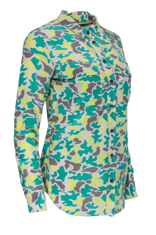 Current Boutique-Equipment - Green, Grey & Yellow Camouflage Print Silk Blouse Sz XS