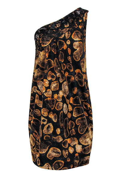 Current Boutique-Escada - Black & Orange Snakeskin Print One-Shoulder Dress Sz 4