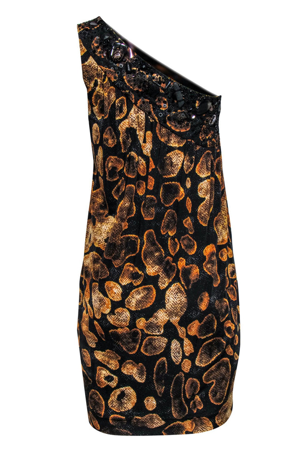 Current Boutique-Escada - Black & Orange Snakeskin Print One-Shoulder Dress Sz 4
