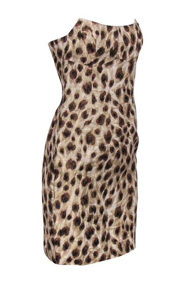 Current Boutique-Escada - Beige & Brown Sparkly Leopard Print Strapless Sheath Dress Sz 6