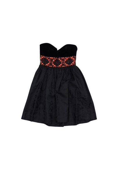 Current Boutique-Escada - Black & Coral Velvet Embellished Strapless Dress Sz 6