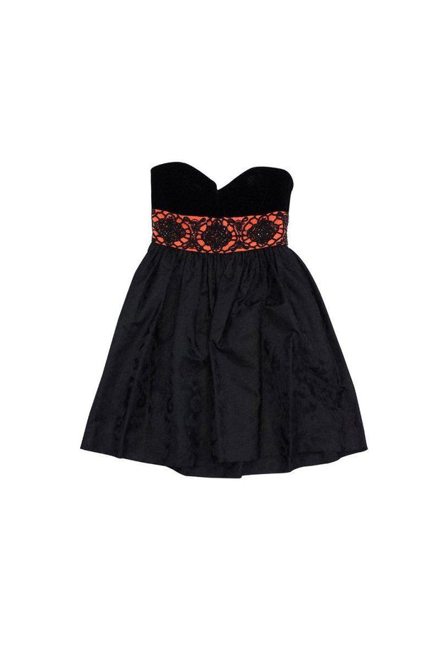 Current Boutique-Escada - Black & Coral Velvet Embellished Strapless Dress Sz 6
