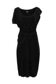 Current Boutique-Escada - Black Draped Sleeveless Midi Dress w/ Embellished Belt Sz 14
