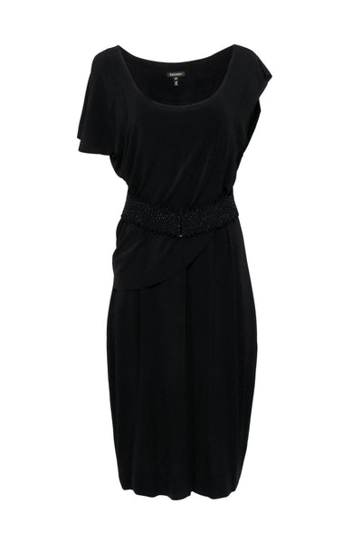 Current Boutique-Escada - Black Draped Sleeveless Midi Dress w/ Embellished Belt Sz 14