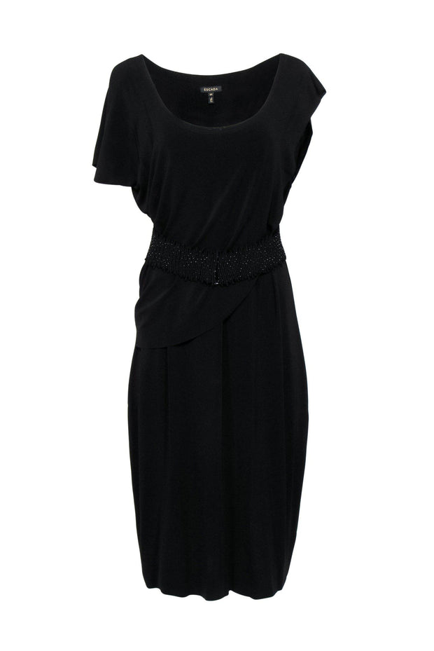 Current Boutique-Escada - Black Draped Sleeveless Midi Dress w/ Embellished Belt Sz 14
