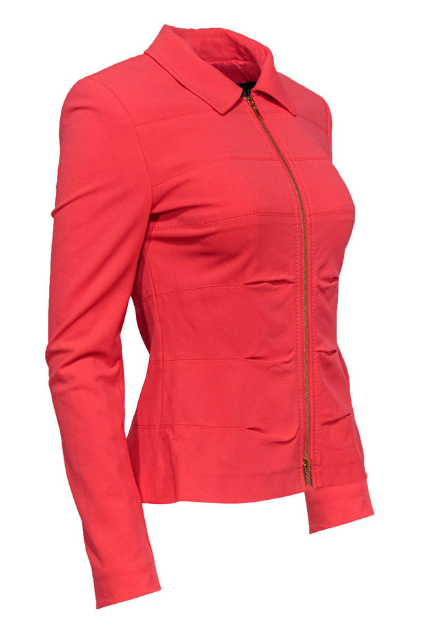 Current Boutique-Escada - Bright Coral Ruched Zip-Up Jacket Sz 6