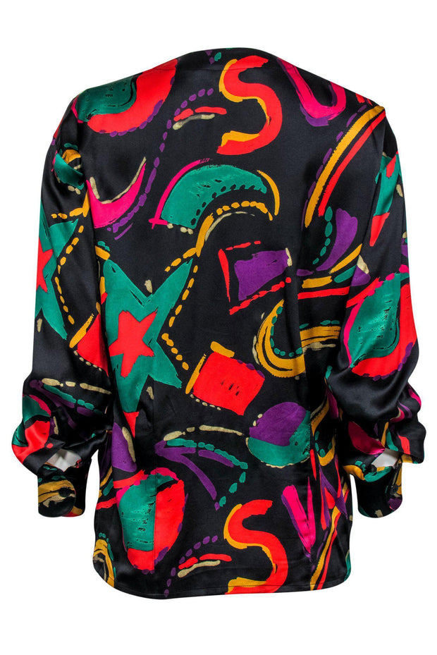 Current Boutique-Escada - Black & Multicolored Printed Long Sleeve Button-Up Silk Blouse Sz 6