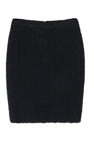 Current Boutique-Escada - Black Swirled Crinkled Textured Pencil Skirt w/ Gold Accents Sz 10