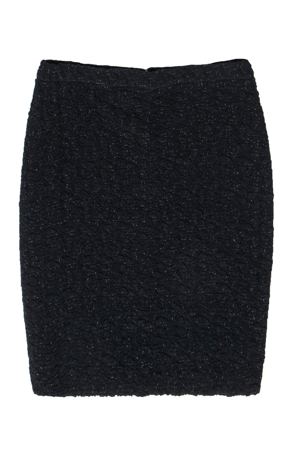 Current Boutique-Escada - Black Swirled Crinkled Textured Pencil Skirt w/ Gold Accents Sz 10