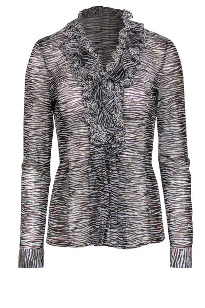 Current Boutique-Etcetera - White & Dark Brown Zebra & Leopard Print Ruffled Blouse Sz 8