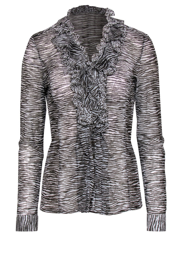 Current Boutique-Etcetera - White & Dark Brown Zebra & Leopard Print Ruffled Blouse Sz 8