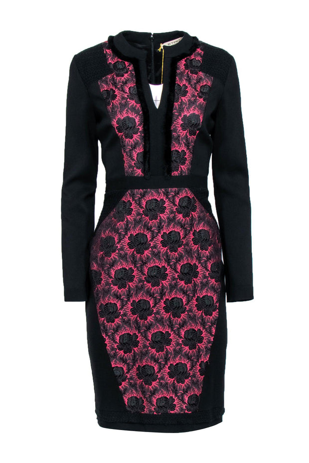 Current Boutique-Etro - Black & Pink Floral Jacquard Print Sheath Dress Sz 8