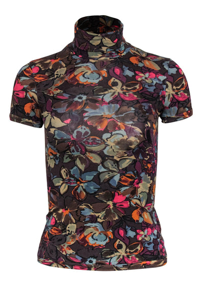 Current Boutique-Etro - Dark Brown & Multicolor Floral Print Short Sleeve Mock Neck Top Sz S