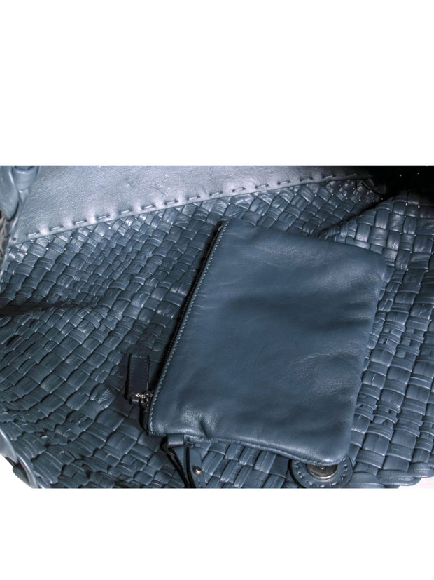 Current Boutique-Falor – Large Blue Woven Leather Tote Bag