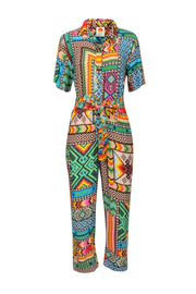 Current Boutique-Farm - Green & Multi-Colored 'Banana Scarves' Printed Jumpsuit Sz XS