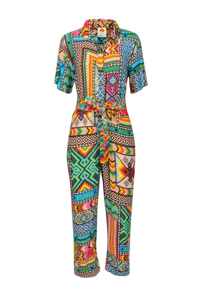 Current Boutique-Farm - Green & Multi-Colored 'Banana Scarves' Printed Jumpsuit Sz XS