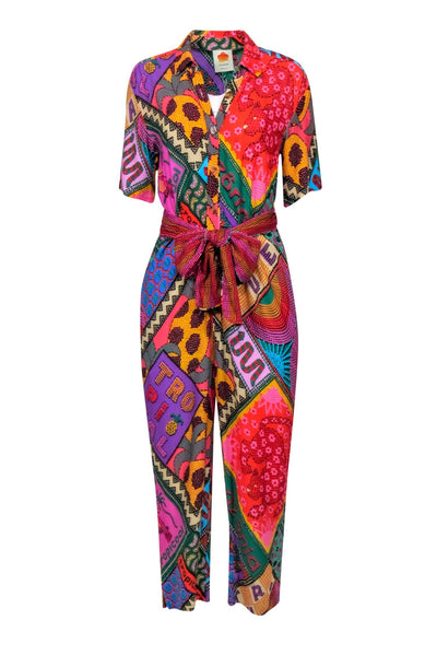 Current Boutique-Farm - Red & Multi-Colored 'Dotted Patch Scarf' Jumpsuit Sz XS