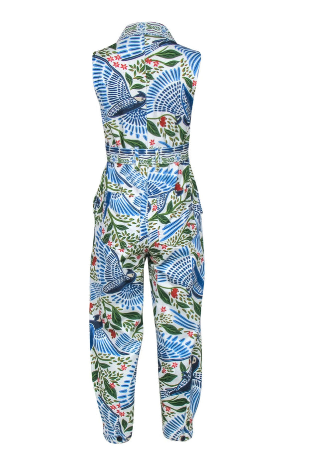 Current Boutique-Farm - White & Blue Bird & Leaf Print Tapered Leg Jumpsuit Sz XS