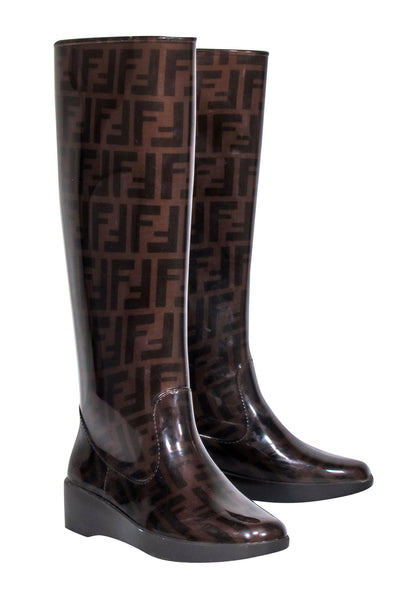 Current Boutique-Fendi - Brown Monogram Print Platform Rain Boots Sz 5