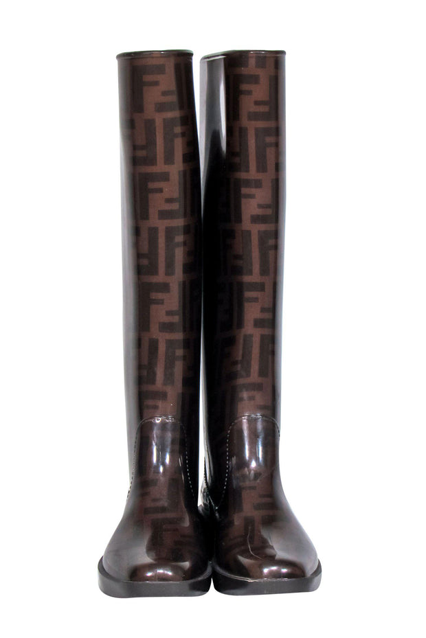 Current Boutique-Fendi - Brown Monogram Print Platform Rain Boots Sz 5