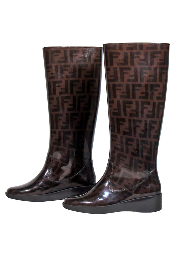 Current Boutique-Fendi - Brown Monogram Print Platform Rain Boots Sz 5