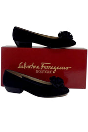 Current Boutique-Ferragamo - Black Suede Rosette Flats Sz 5