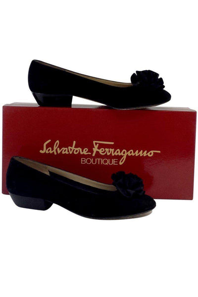 Current Boutique-Ferragamo - Black Suede Rosette Flats Sz 5